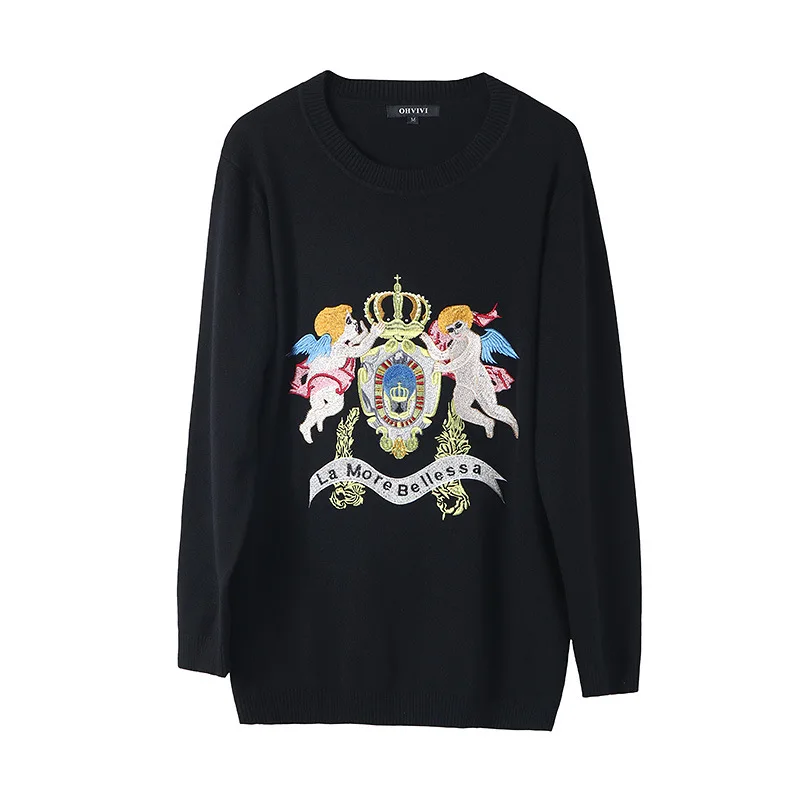 Spring of 2019 The Same Dili Reba Black Angel Pattern Embroidered Knitted Sweater Round Collar Black Sweater Trend O-Neck Spring of 2019 The Same Dili Reba Black Angel Pattern Embroidered Knitted Sweater Round Collar Black Sweater Trend O-Neck