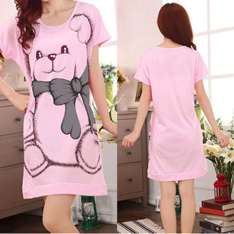 

Summer Women Nightgowns Short Sleeve Dress Cute Cartoon Bear Printed Sleepwear JUN14