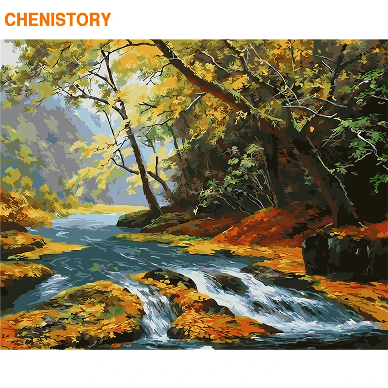 

CHENISTORY Frameless River DIY Painting By Numbers Autumn Landscape Calligraphy Painting Acrylic Coloring By Numbers Home Decor