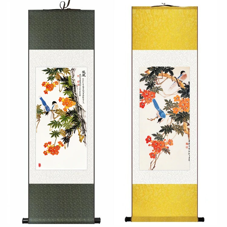 

Decor Chinese Original Silk watercolor flower Lucky Two Birds ink Campsis art canvas wall damask picture framed scroll painting