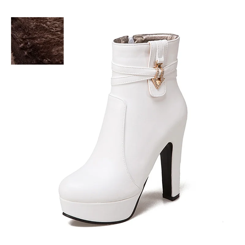 WETKISS/ г. Зимние женские ботильоны на высоком каблуке обувь с круглым носком, женская обувь из искусственной кожи с кристаллами зимние ботинки на платформе Большие размеры 34-50 - Цвет: Белый