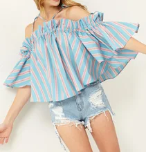 Striped bat sleeve sling five-sleeve top T-shirt women vestidos elegant fashion t-shirt lace-up loose soft touch t shirt female grommet lace up t shirt
