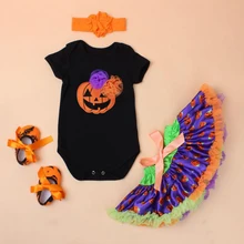 Комплект из 4 предметов, платье на Хэллоуин с тыквой для маленьких девочек атласные юбки повязка на голову оранжевая обувь летучая мышь для детей от 0 до 24 месяцев