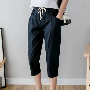 

Summer Women Thin Harem Pants Cotton Linen Solid Elastic waist Candy Colors Harem Trousers Soft for Female Ladies