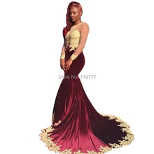 Maroon Samt Abendkleid Meerjungfrau Lange Afrikanische Prom Kleider 2017 Mit Gold Applique Formale Kleid Vestido De Festa