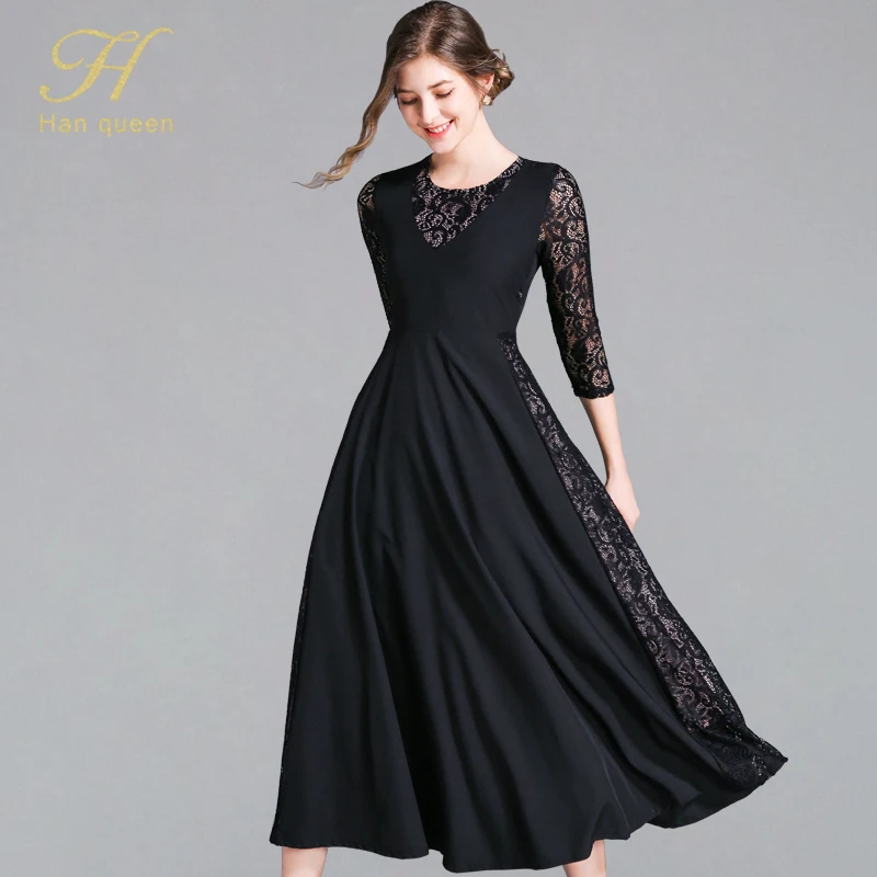 

H Han Queen Elegant Slim Patchwork Lace Long Dress Women 2019 Black Hollow Out Maxi Vintage Dresses Waist Swing A-line Vestidos