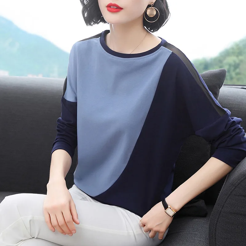 

Long-Sleeved T-Shirt Female 2019 Spring Autumn New Women's Loose Large Size Round Neck Mesh Stitching Short Tops LQ666
