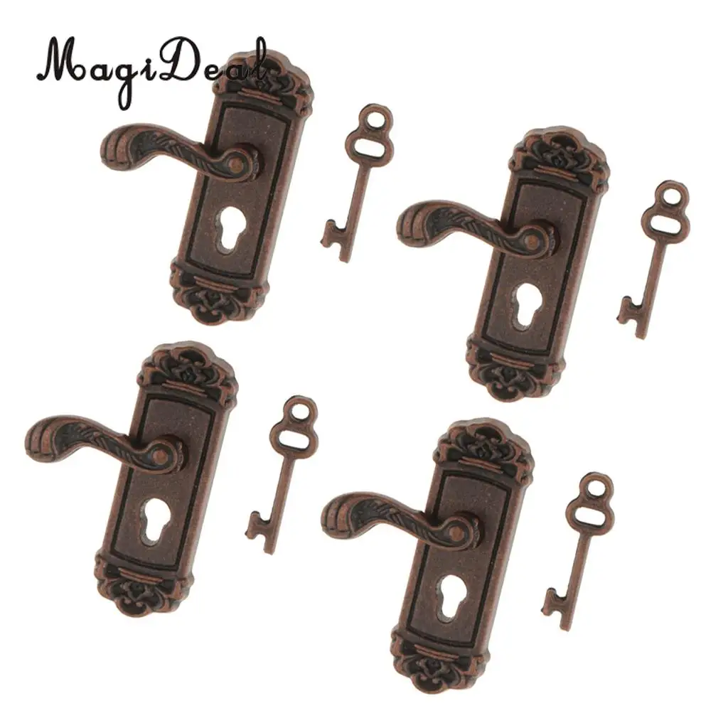 4Pcs 1:12 Scale Mini Vintage Door Knob Left Handle Key Dollhouse Miniature DIY Accessories