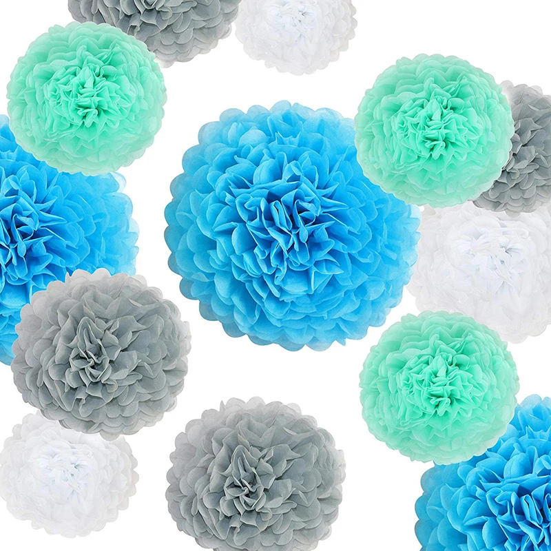 

20 Pcs Tissue Pom Poms DIY Paper Flower Mint White Blue Poms for Baby Shower Birthday Wedding Party Decoration Halloween Favor
