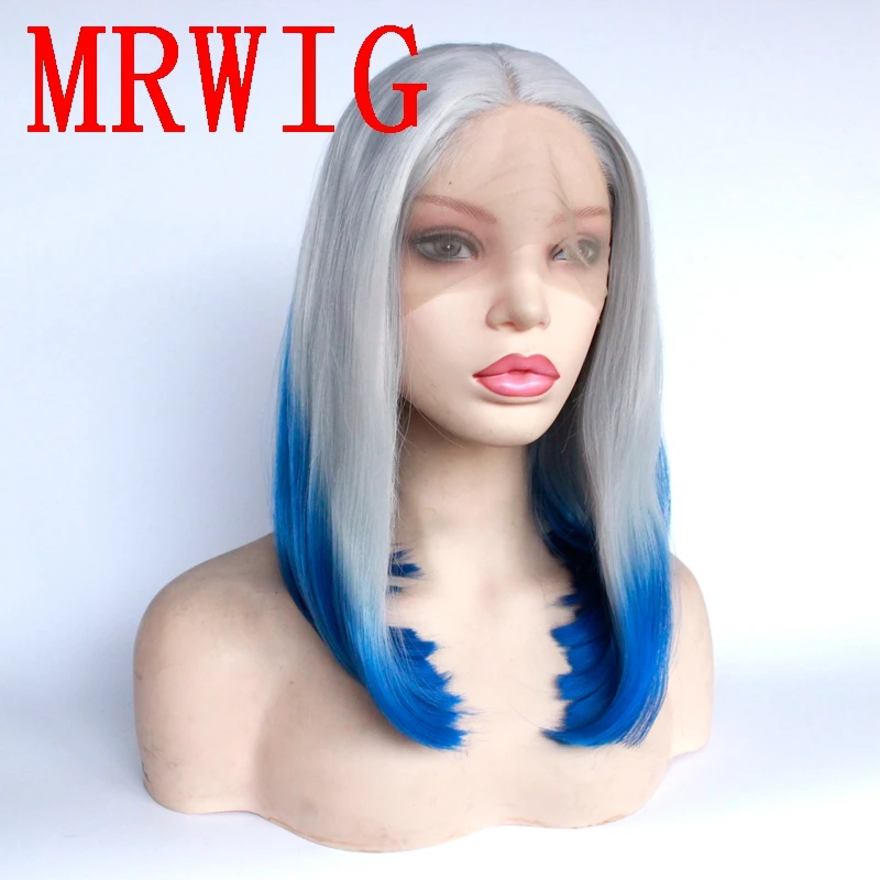 MRWIG Серебряный серый Омбре синий 12 дюймов короткий боб прямой синтетический бесклеевой передний парик кружева средняя часть для женщин
