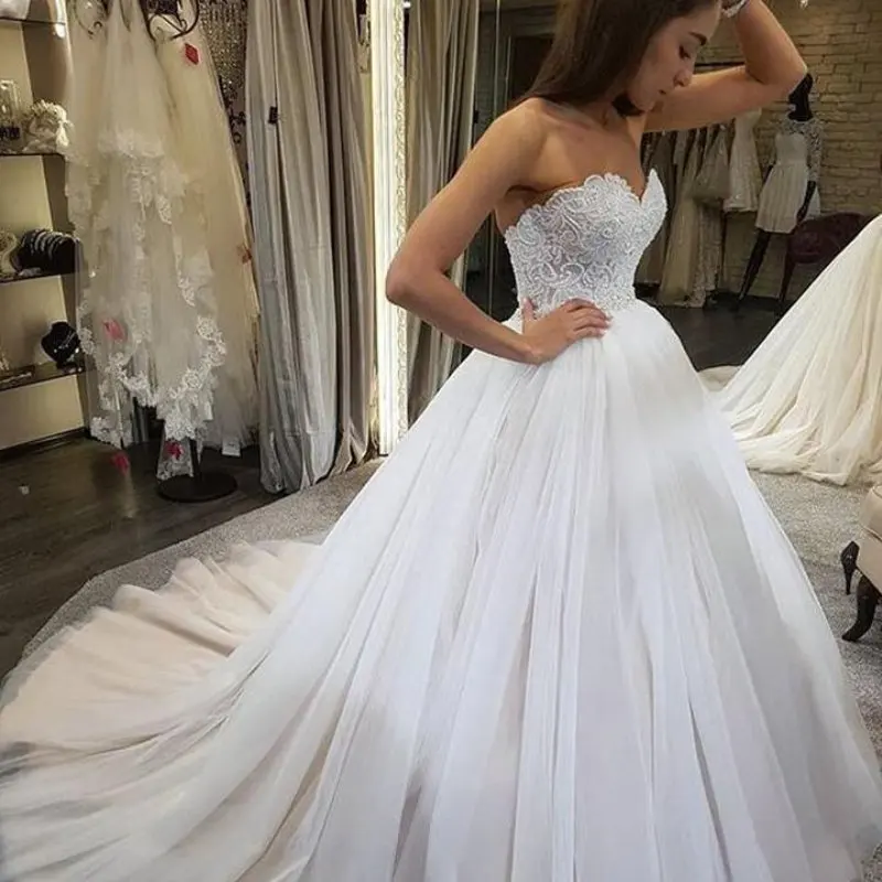 

Vestido de noiva Charming Sweetheart Beaded Lace Bodice Ball Gown Wedding Dresses 2019 Backless Tulle Bride Dress