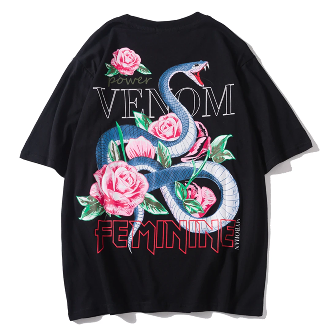 Aelfric цветок змея печатных китайский стиль мощность футболка для женщин хип хоп повседневное свободные пара футболка корейский Harajuku Готик - Цвет: Черный