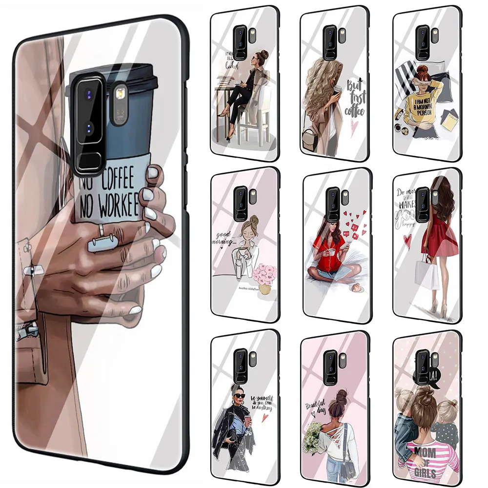 

Queen Princess Girl Female boss coffee Tempered Glass TPU Black Cover Case for Galaxy S7 Edge S8 S9 S10 Plus Note 8 9 10 A50 60 70