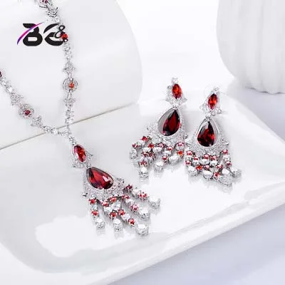 

BE8 Luxury Red Water Drop Pendant Jewelry Set For Women 5 Colors Bohemia Necklace Earring Sets Bridal Dress Accessories S-024