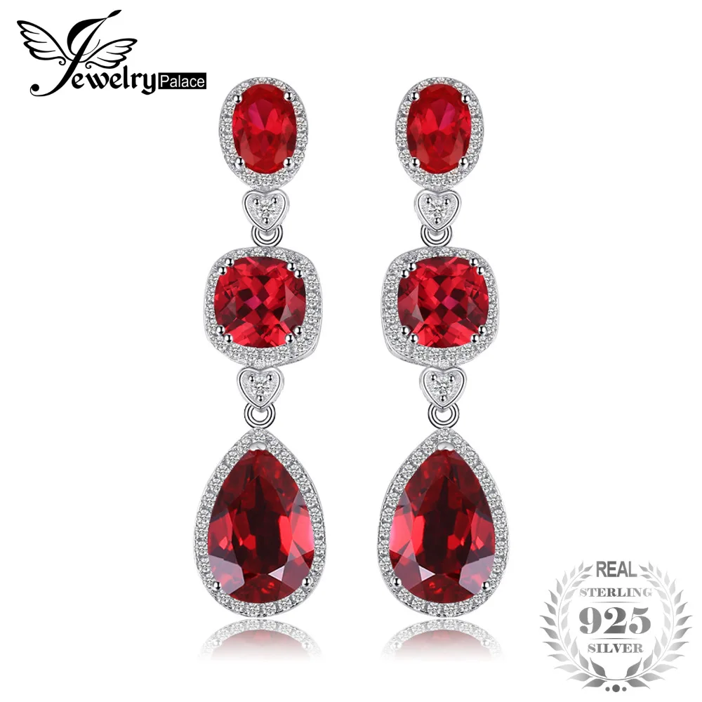 

Jewelrypalace Luxury 7ct 3 Stone Created Red Ruby Dangle Earrings Solid 925 Sterling Silver Engagement Wedding Hot Earrings
