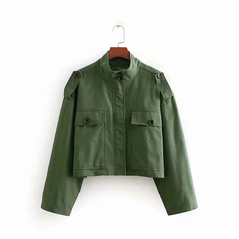 

Pocket Decoration Women Army green Loose Jacket Casual Three Quarter sleeve Coat fashion Outerwear tops C621