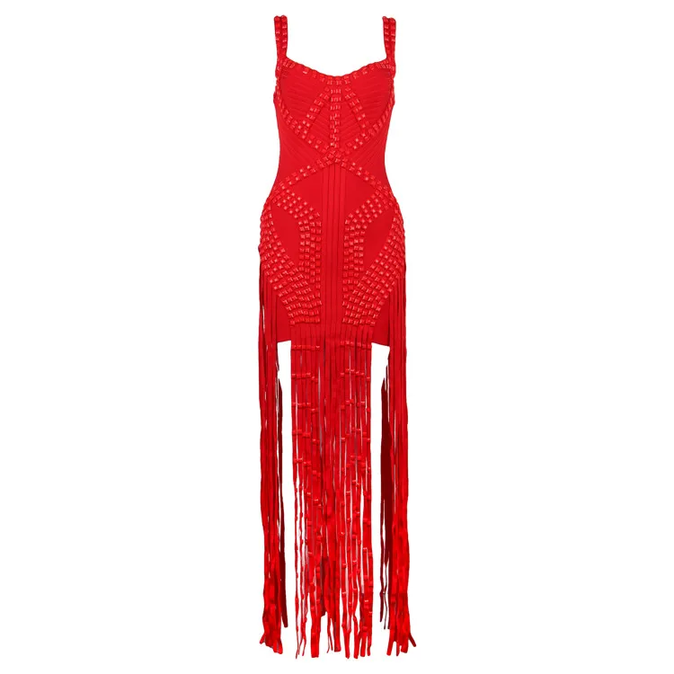 

Luxury Women Sexy Beading Tassel Red Black Pink Long Rayon Bandage Dress 2016 Knitted Bodycon Elastic Designer Dress