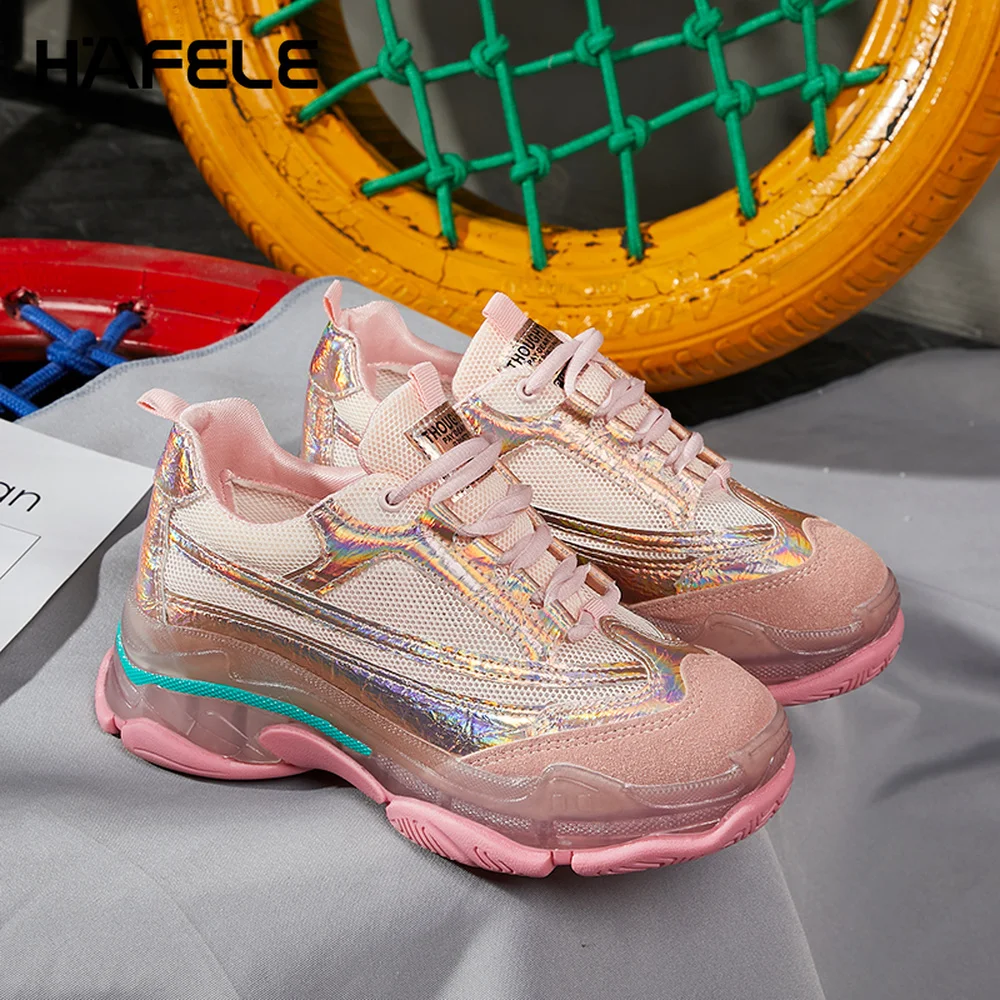 

HAFELE Women's Fashion Colorful Transparent Soles Tennis Shoes Sequin Mesh Sneakers Ultra Light Breathable Campus Student Shoes