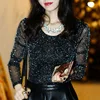Spring Summer Women's Sexy Sheer Mesh Long Sleeve Blouse - Elegant Shining Fashion Top DF2417 2