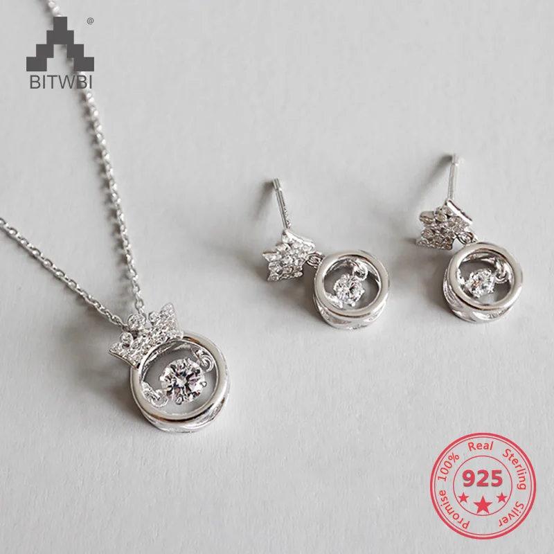 

100% S925 Silver Crown Zircon Pendant Necklace Earrings Jewelry Set