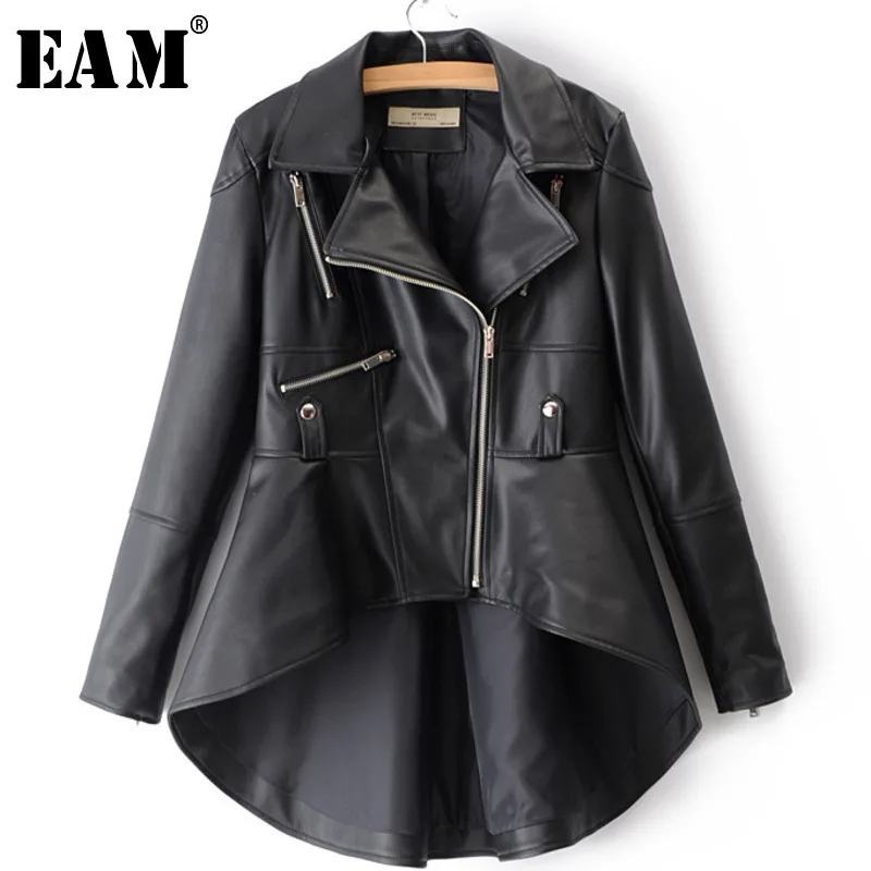 

[EAM] 2019 Spring Woman Solid Color Long Sleeve Turn-down Collar Zippers Irregular Hem Loose PU Coat Jacket LD0325