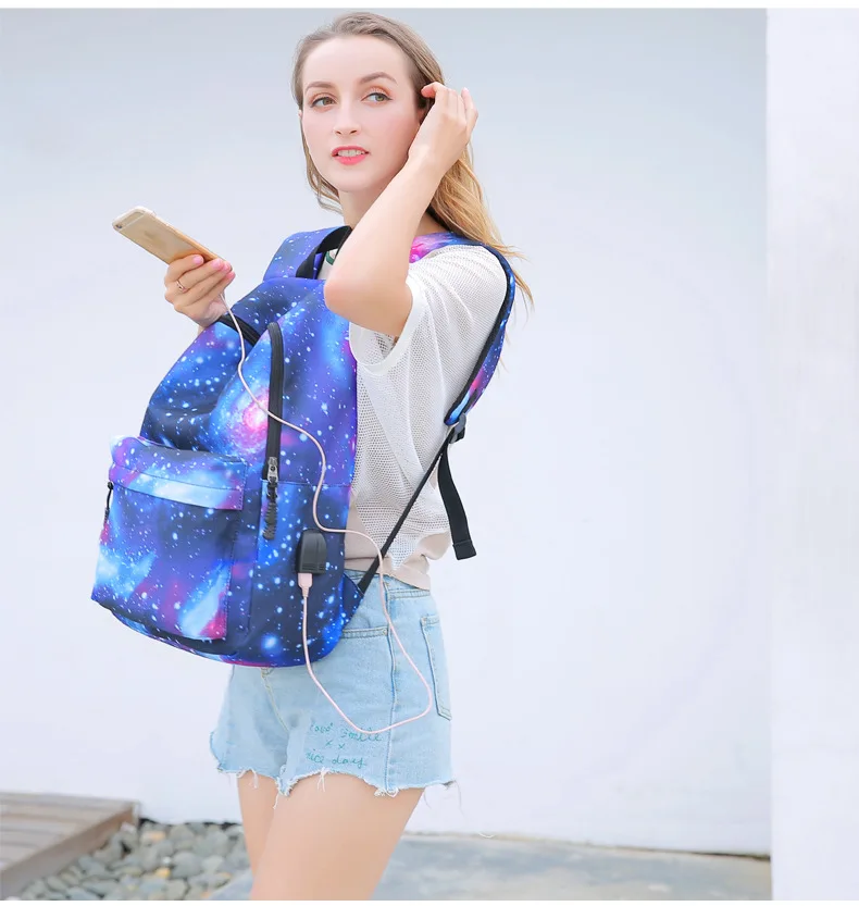 Men Canvas School Laptop Backpack Galaxy Star Universe Space USB Charging for Teenagers Boys Student Girls Bags Travel Mochila