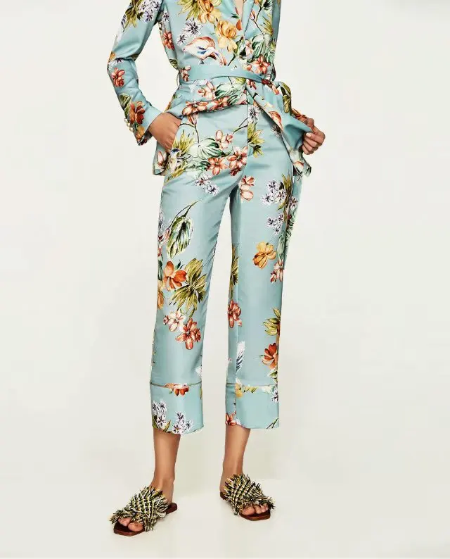 Осень, женский костюм, европейский стиль, праздничная Женская пижама, цветочный узор, синий Блейзер и штаны, повседневный костюм из двух предметов
