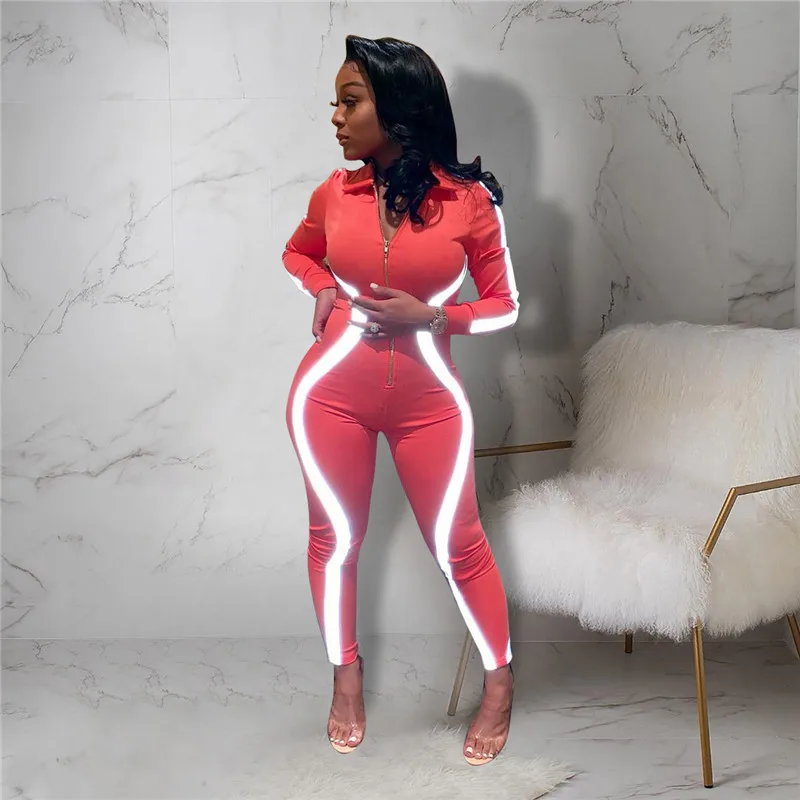 FQLWL Streetwear Reflective Fitness Sexy Bodycon Jumpsuit Women Long Sleeve Pink Skinny Summer Rompers Womens Jumpsuit Female
