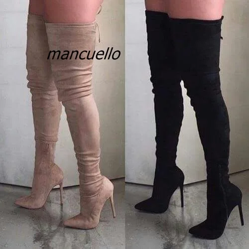 

Elegant Women Black Stiletto Heel Thigh High Boots Sexy Slim Fit Pointy Thin Heel Lace Up Long Boots Pretty Shoes Hot Selling