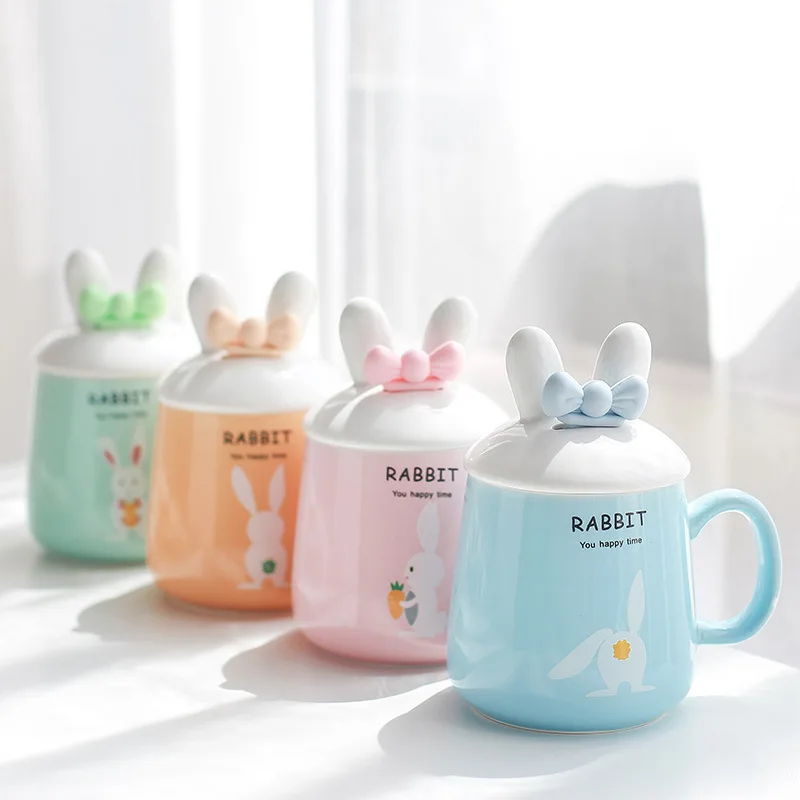 Каваи 3D мультфильм кролик керамическая кофейная кружка с крышкой и бантом ложка