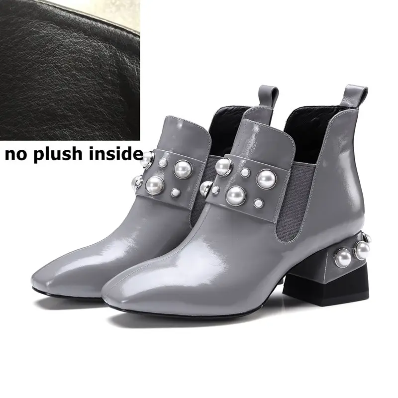 ALLBITEFO/женские ботинки из натуральной кожи на толстом каблуке с квадратным носком; брендовые зимние ботинки с заклепками на среднем каблуке; ботинки в байкерском стиле для девочек - Цвет: no plush inside