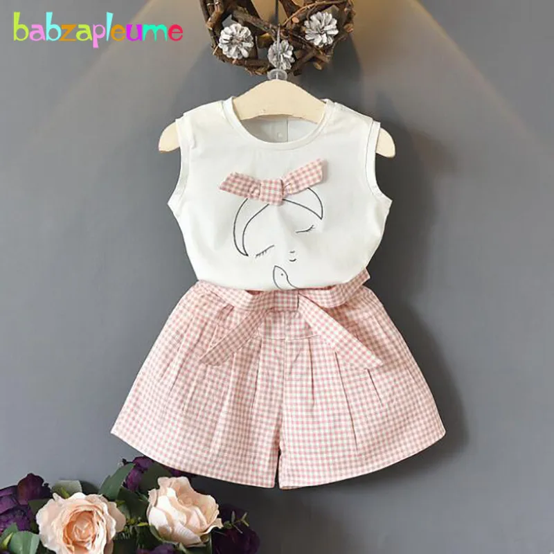 

2Piece Toddler Summer Clothes Korean Cute Cotton T-shirt+Plaid Shorts Baby Girls Boutique Outfits Children Clothing Set BC1835-1