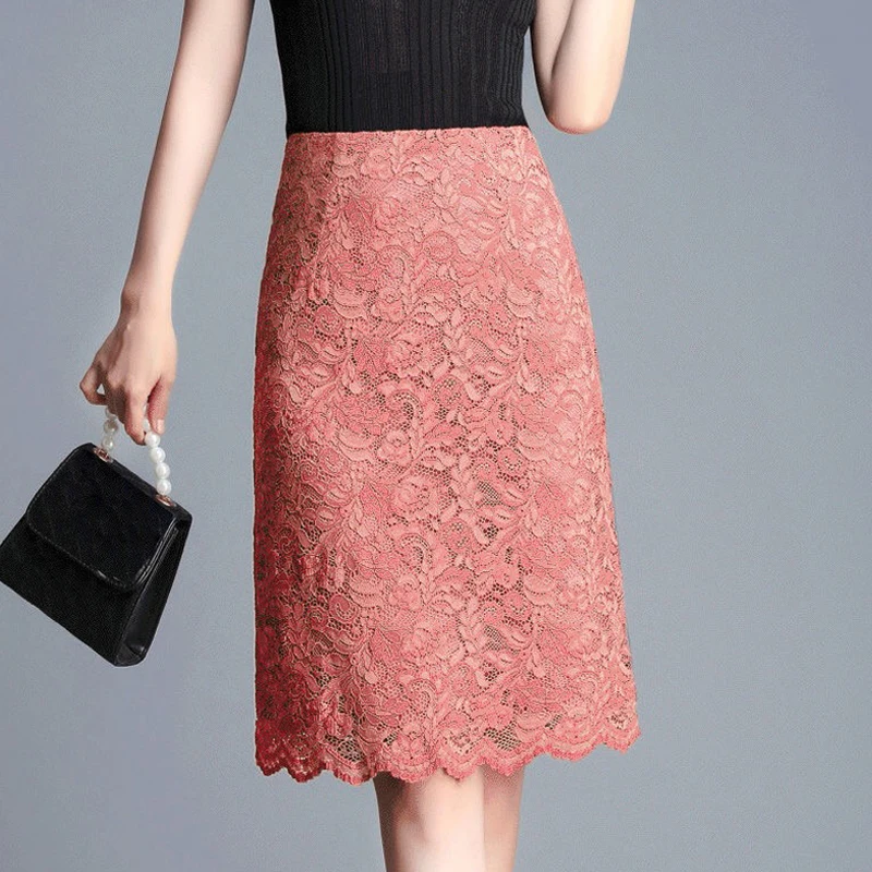 

2019 Summer Korean Women Female High Waisted Lace Pencil Skirt , Office Lady Womens Black Slim 4xl Skinny Knee Length Skirts