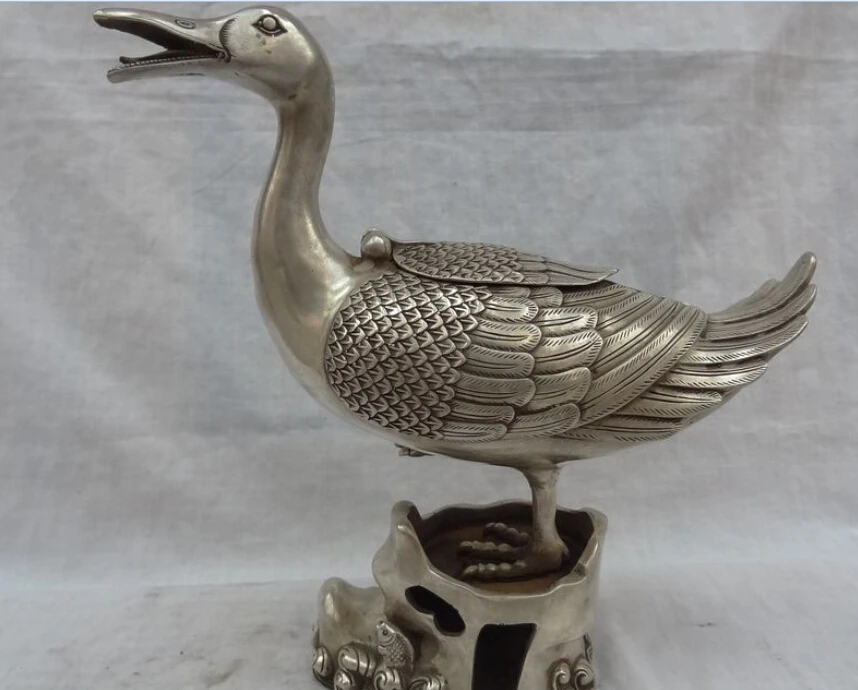 

JP S0114 11" Chinese Silver Duck Head On Wealth Fish Statue Incense Burner Censer Holder