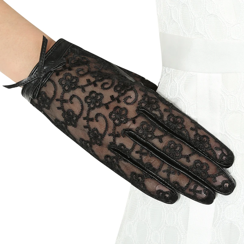 

2016 Hot Sale Medival Women Lace Genuine Leather Gloves Unlined Nappa Lambskin Wrist Sunscreen Glove Free Shipping