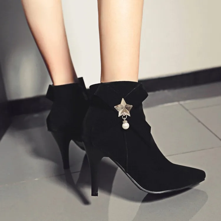 

Big Size 11 12 13 14 15 British wind pointed slim high heel side zipper bow metal decorative boots