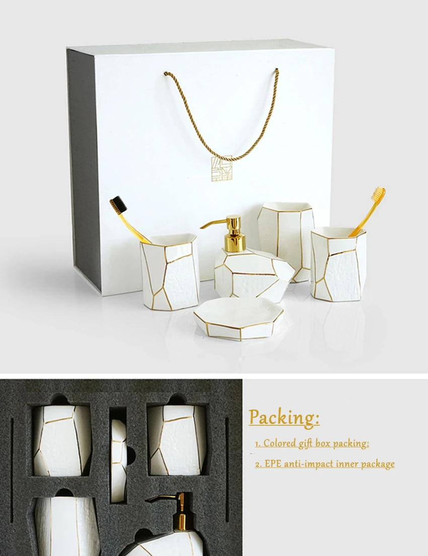 Nordic Luxurious Golden and White Bathroom Accessories Set Sketch Decorated Geometrics Bone China Bathroom Supply Kits Gift Set