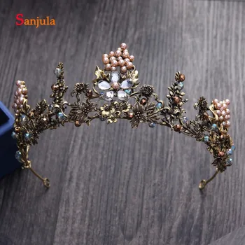 

Vintage Baroque Bridal Headband Pearls Rhinestones Girls Tiaras Dark Gold Wedding Hair Accessories bijoux baroque H149