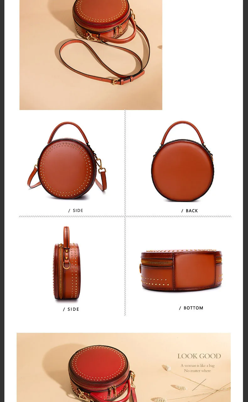 Branded fashion bags reather vintage round bag women's handbags genuine leather female bag (10)