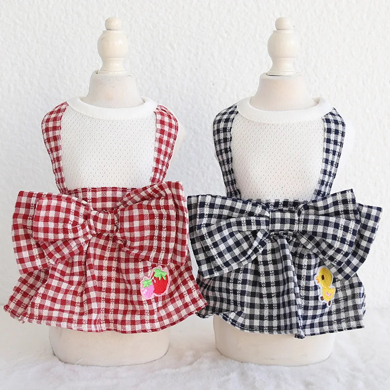 

Spring and Summer Newest Pattern Dog Dresses with Large Bow Decor Red Blue Colors Skirts for Puppy Dog Costumes