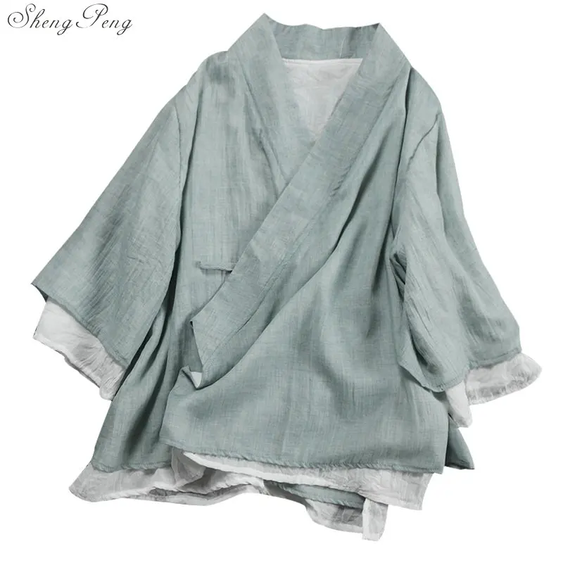 New linen shirt women top traditional Chinese style top blouses solid color linen shirt oriental clothing V1475
