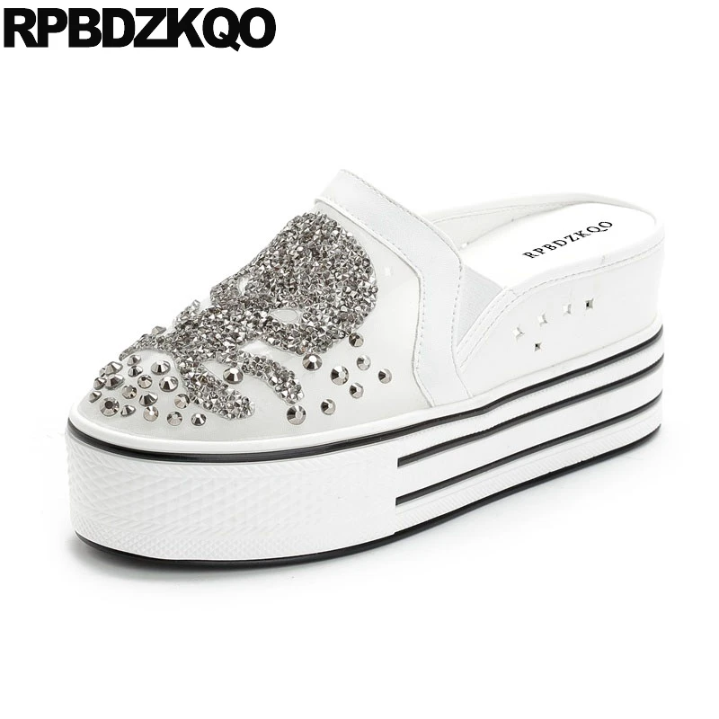 

stud white diamond rhinestone thick sole muffin elevator mules wedge women crystal creepers platform shoes casual slippers rivet