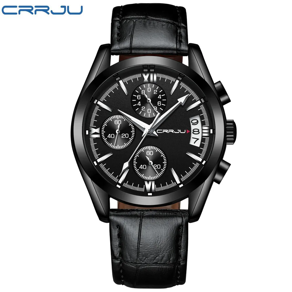 CRRJU часы для мужчин s часы лучший бренд класса люкс для мужчин повседневное кожа водонепроницаемый хронограф для мужчин Спорт Кварцевые часы Relogio Masculino - Цвет: black