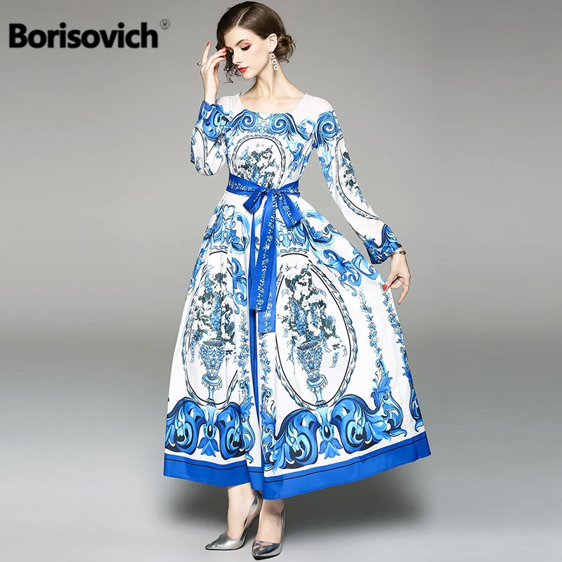 

Borisovich Luxury Women Long Dress New Arrival 2018 Autumn Fashion Vintage Print Elegant Slim Women Evening Party Dresses M627