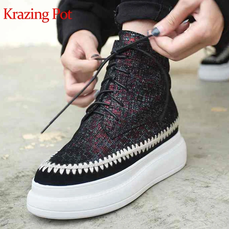 

Krazing pot 2018 silver sheep leather shiny lace up round toe brand oriental superstar platform women waterproof ankle boots L49