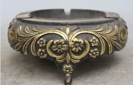 

RHS0094 7" Chinese Feng Shui Dynasty Palace Bronze Gilt Carving Flower Ashtray Statue