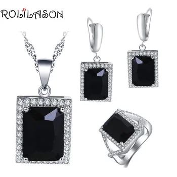

ROLILASON Engagement gift For girl Black Zircon Square Design silver plated Stamped Earrings Necklace Rings Jewelry Sets JS750