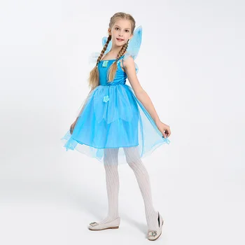 

Blue Ball Gown New Princess Cinderella Cosplay Costume Fairy Dress With Wing Children Wedding Party Elegant Sheer Prom Dresses