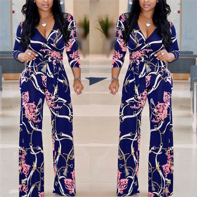 

Women Club wear Summer Sexy V Neck Half Sleeve Playsuit Female Party Print Comfortable Long Jumpsuit Lady Casual Loose Jumpsuits