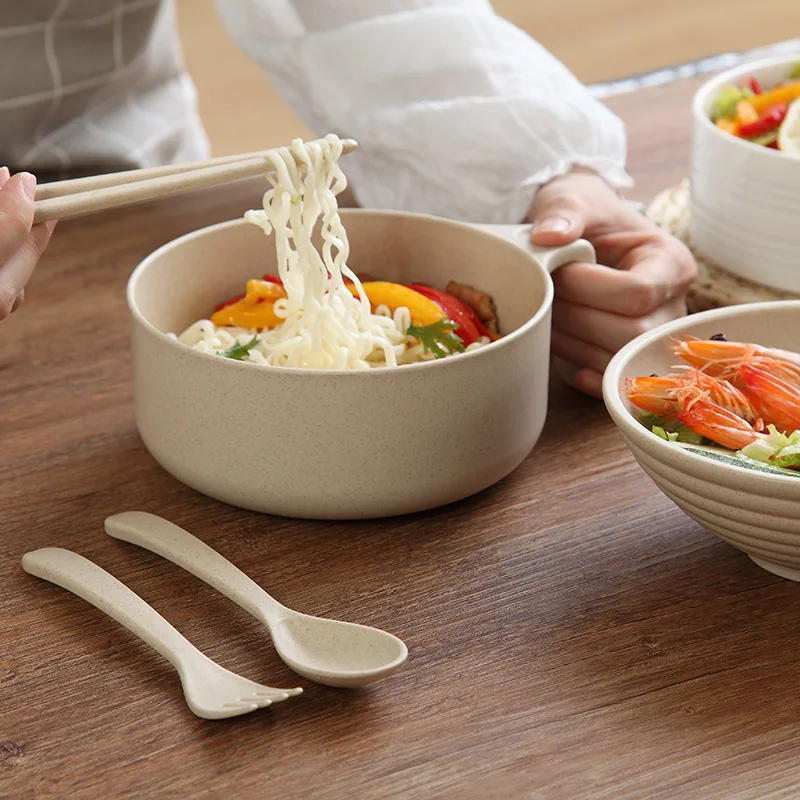 Wheat Straw Instant Noodle Bowl with Lid Bowl Chopsticks Spoon Fork